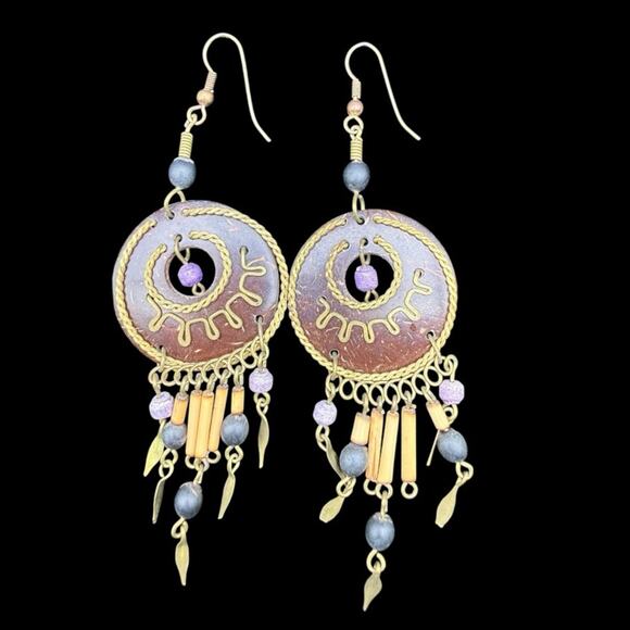 Vintage Jewelry - Vintage Bohemian Purple and Gold Sunburst Drop Earrings